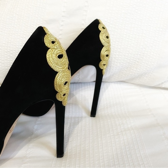 NWT BRIAN ATWOOD B-RAJA BLACK GOLD EMBROIDERED SUEDE PEEP TOE HEELS - 9 - Picture 8 of 10